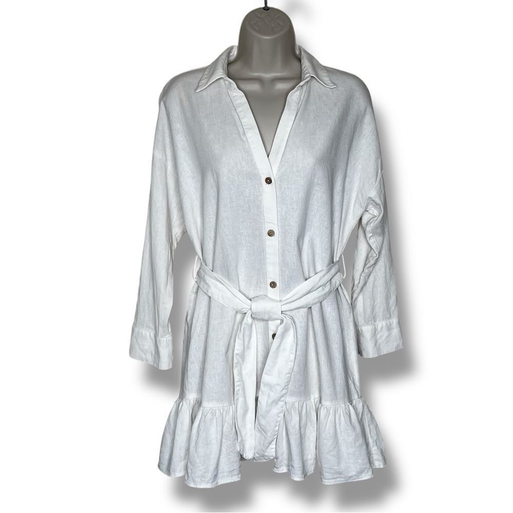 Zara Cream Button Front Shirt Dress Belted Ruffle Hem Linen Blend Medium READ